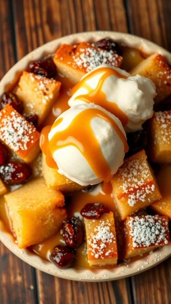 A serving of bread pudding with raisins, topped with powdered sugar and vanilla ice cream, on a wooden table.
